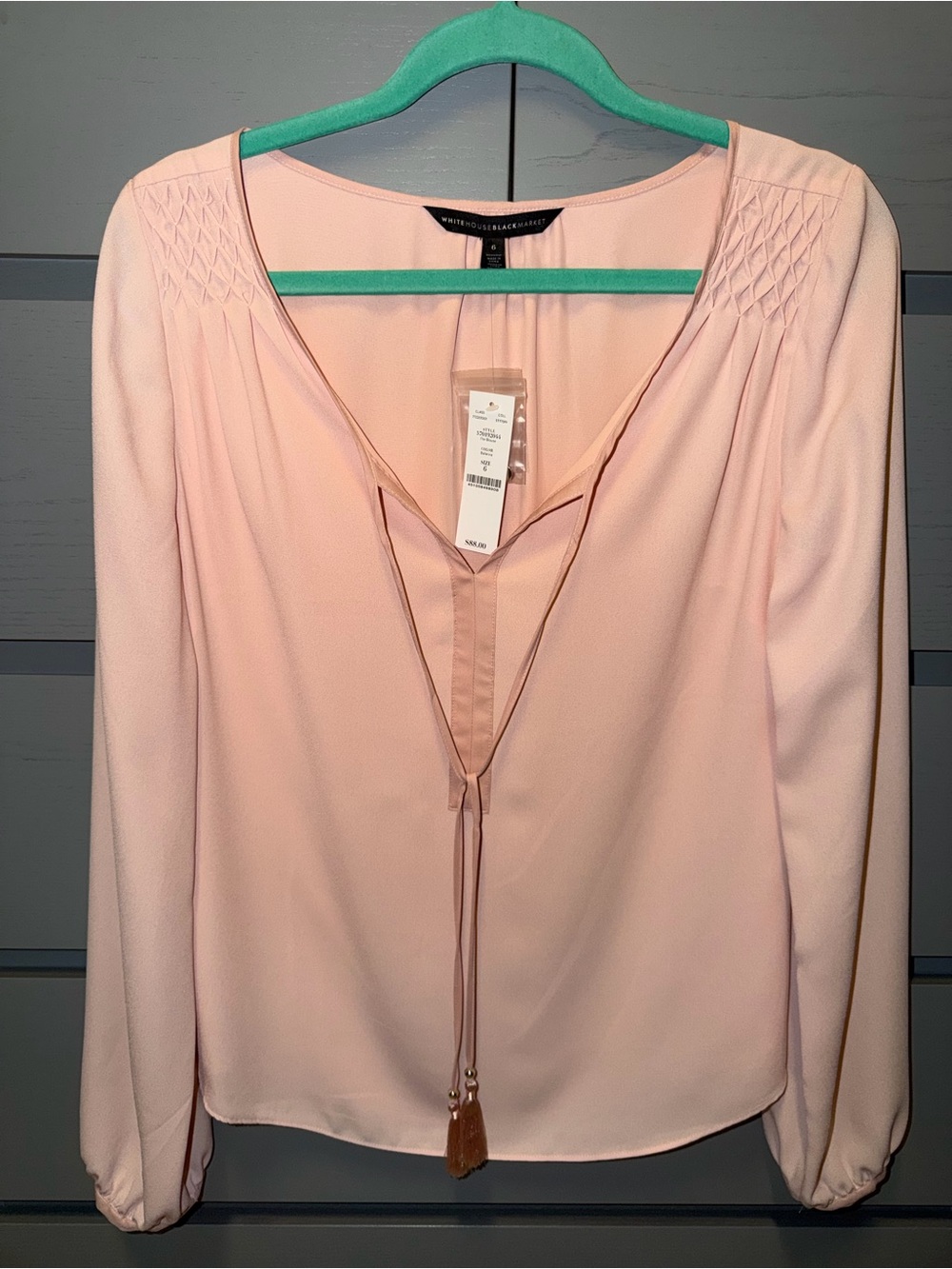 White House Black Market Pale Pink V-Neck Long Sleeve Top with Tie